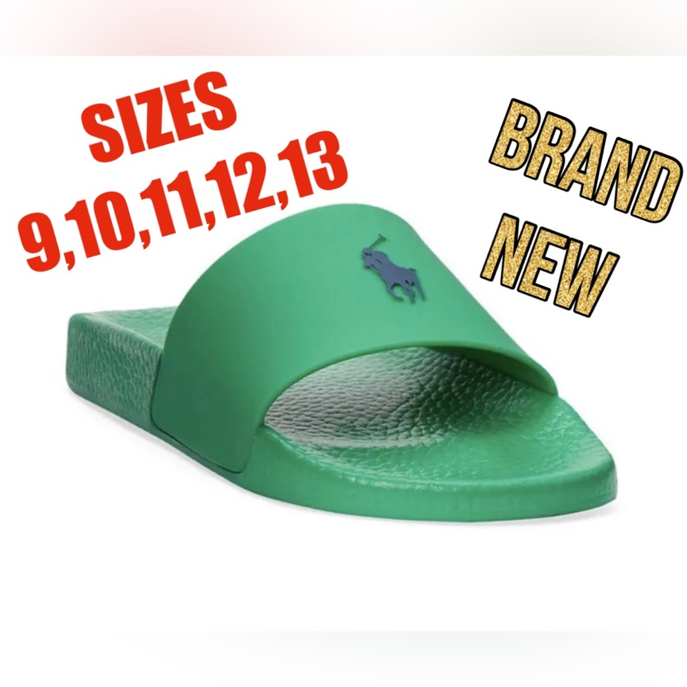 POLO RALPH LAUREN Cabo Green/Light Navy SIGNATURE PONY POOL SLIDES 9 10 11 12 13